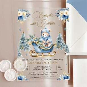 Invitations En Acrylique Baby Shower Ours en Floral Bleu d'Hiver en Or