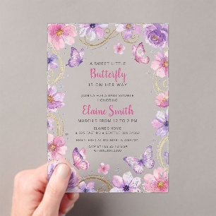 Invitations En Acrylique Baby Shower Papillon Rose Violet