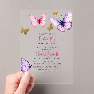Invitations En Acrylique Baby Shower Papillon Rose Violet Or