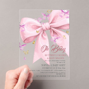 Invitations En Acrylique Baby Shower Papillon Violet Or Rose Pâle et Or