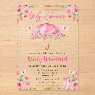 Invitations En Acrylique Baby shower parapluie de printemps Aquarelle rose 