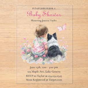 Invitations En Acrylique Baby shower rose pour fille thème chien