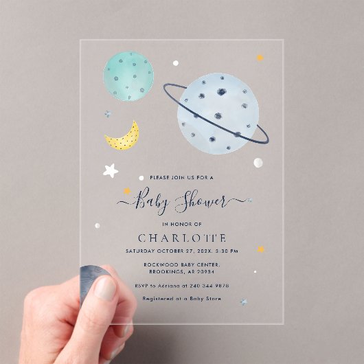 Invitations En Acrylique Baby shower spatial moderne (In situ (ordinateur de poche))
