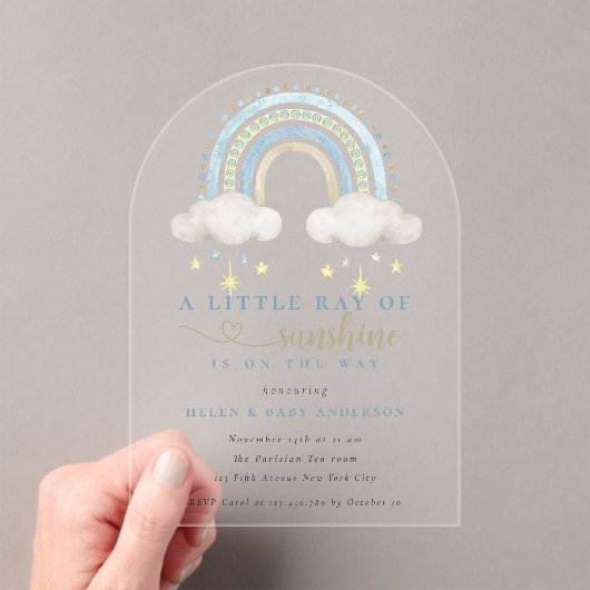 Invitations En Acrylique Baby shower Sunshine Blue Boho Rainbow Boy (In situ (ordinateur de poche))