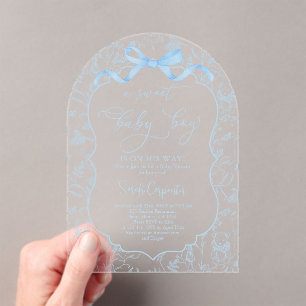 Invitations En Acrylique Baby shower Toile De Jouy avec Bow Boy AInvitation