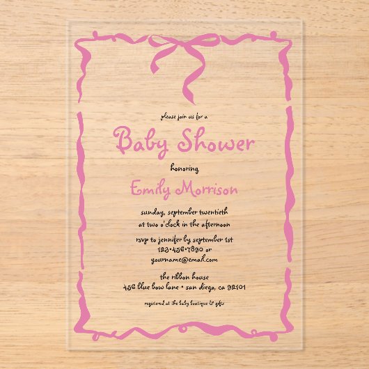 Invitations En Acrylique Baby shower Whimsky Quirky Rose Bow (Recto)