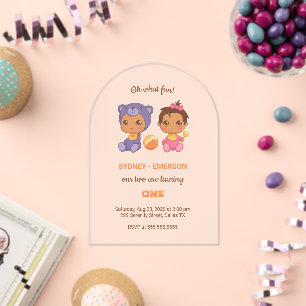 Invitations En Acrylique Baby Twins Premier anniversaire fille ours Jumpsui