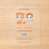 Invitations En Acrylique Baby Twins Premier anniversaire Garçon ours transp (Recto)