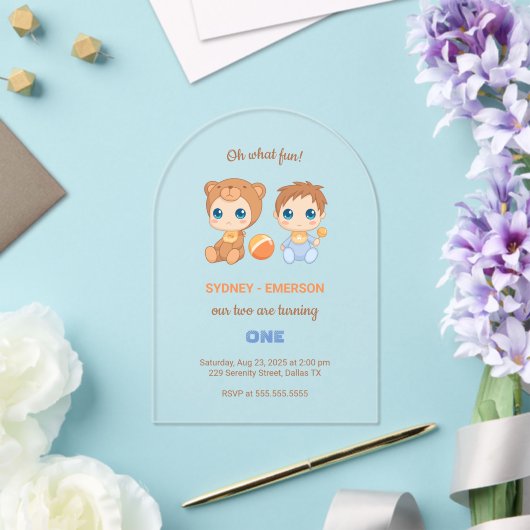Invitations En Acrylique Baby Twins Premier anniversaire Garçon ours transp (Insitu (Mariage))