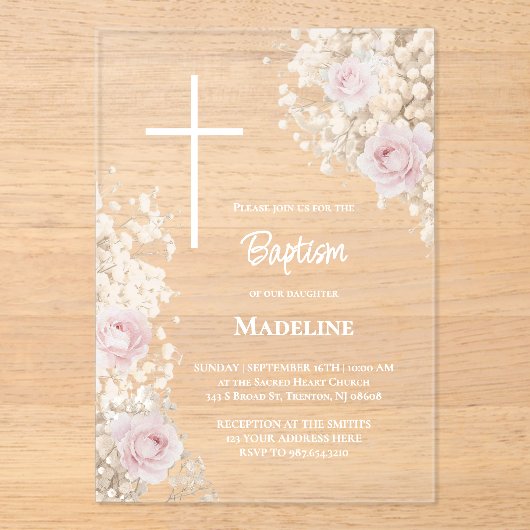 Invitations En Acrylique Baby's Breath and pink roses Baptism (Recto)