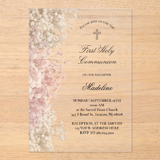 Invitations En Acrylique Baby's Breath flowers First Communion (Recto)