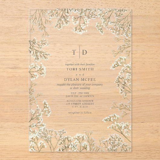 Invitations En Acrylique Baby's Breath Monogram Botanical Wedding (Recto)