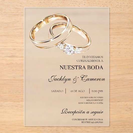 Invitations En Acrylique Bague en or en acrylique Mariage Espagnol (Recto)