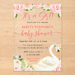 Invitations En Acrylique Bain de bébé élégant floral cygne aquarelle