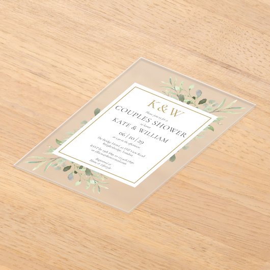 Invitations En Acrylique Bain de couples élégant monogramme or et verdure (Poser)
