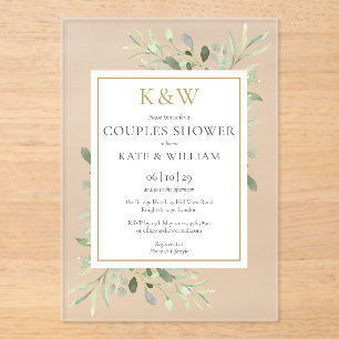 Invitations En Acrylique Bain de couples élégant monogramme or feuillage