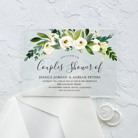 Invitations En Acrylique Bain de couples toutes saisons à fleurs blanches
