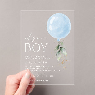 Invitations En Acrylique Balcon Bleu, Eucalyptus, Verdure, Baby shower