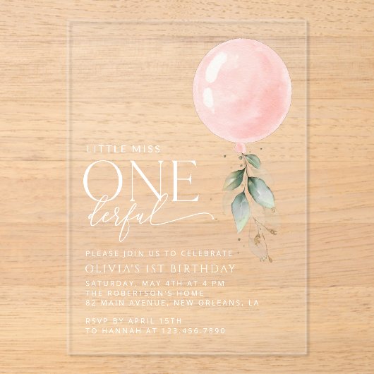 Invitations En Acrylique Balcon rose, Eucalyptus, Verdure, Premier Annivers (Recto)