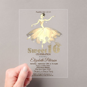 Invitations En Acrylique Ballerine Élégante Paillettes Dorées Bokeh Sweet 1