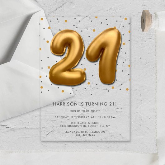 Invitations En Acrylique Ballon d'huile d'or moderne 21e anniversaire
