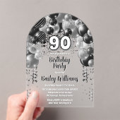 Invitations En Acrylique Ballons d'argent noir 90e fête d'anniversaire (In situ (ordinateur de poche))