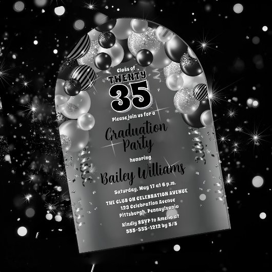 Invitations En Acrylique Ballons d'argent noir fête de graduation