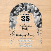 Invitations En Acrylique Ballons d'argent noir fête de graduation (Recto)