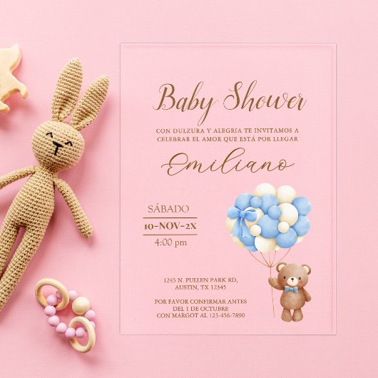 Invitations En Acrylique Ballons de Baby shower espagnol Teddy Bear