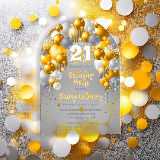 Invitations En Acrylique Ballons de fête jaune 21e fête d'anniversaire