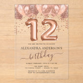 Invitations En Acrylique Ballons d'or rose 12e anniversaire Confetti (Recto)