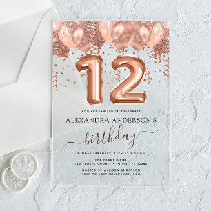 Invitations En Acrylique Ballons d'or rose 12e anniversaire Confetti