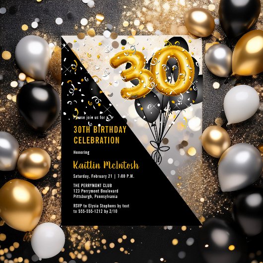 Invitations En Acrylique Ballons élégants Noir | Gold 30th Birthday Party