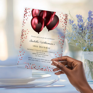 Invitations En Acrylique Ballons rouges anniversaire luxe transparent