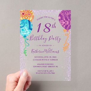 Invitations En Acrylique Ballons Violets Aqua Modernes Fête d'anniversaire