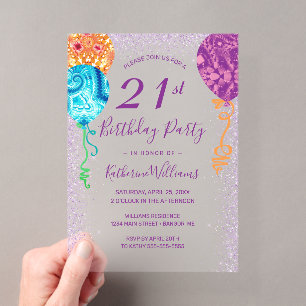 Invitations En Acrylique Balloons Aqua Violet Modernes Fête d'anniversaire