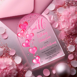 Invitations En Acrylique Balloons Coeur Rose Doux 16 Anniversaire