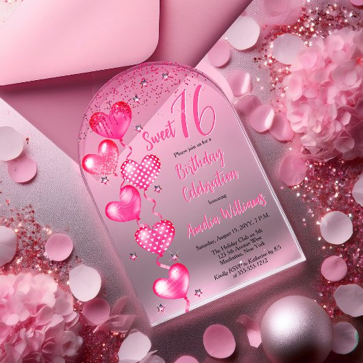 Invitations En Acrylique Balloons Coeur Rose Doux 16 Anniversaire