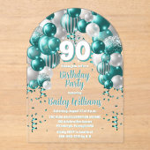 Invitations En Acrylique Balloons de fête Aqua 90e fête d'anniversaire (Recto)