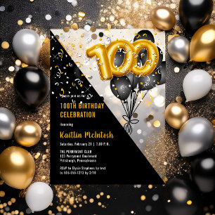 Invitations En Acrylique Balloons Élégant Noir Or 100e Anniversaire