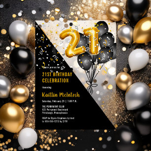 Invitations En Acrylique Balloons Élégants Noir Or Fête d'anniversaire 21