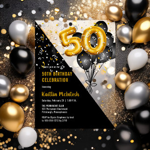 Invitations En Acrylique Balloons Élégants Noir Or Fête d'anniversaire 50