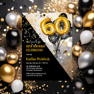 Invitations En Acrylique Balloons Élégants Noirs Or 60e Anniversaire
