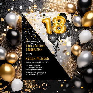Invitations En Acrylique Balloons Élégants Noirs Or Fête d'anniversaire 1