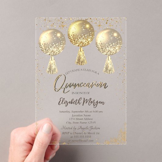Invitations En Acrylique Balloons Or Luxe Confetti Stars Quinceañera (In situ (ordinateur de poche))
