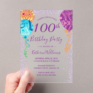 Invitations En Acrylique Balloons violets Aqua moderne 100e fête d'annivers