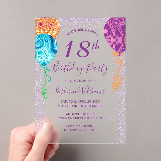 Invitations En Acrylique Balloons violets Aqua moderne 18ème anniversaire (In situ (ordinateur de poche))