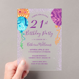 Invitations En Acrylique Balloons violets Aqua Moderne 21ème anniversaire