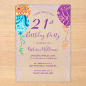 Invitations En Acrylique Balloons violets Aqua Moderne 21ème anniversaire (Recto)