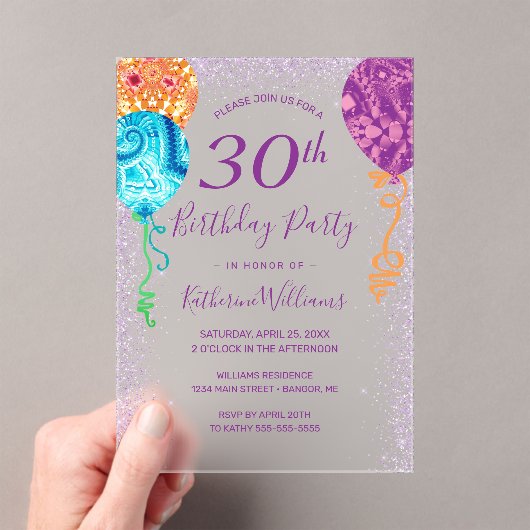 Invitations En Acrylique Balloons violets Aqua moderne 30e anniversaire (In situ (ordinateur de poche))